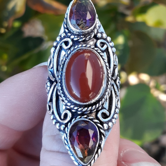 New Amazing Carnelian & Bi-Color Tourmaline 925 Silver Statement Ring. - Picture 2 of 8